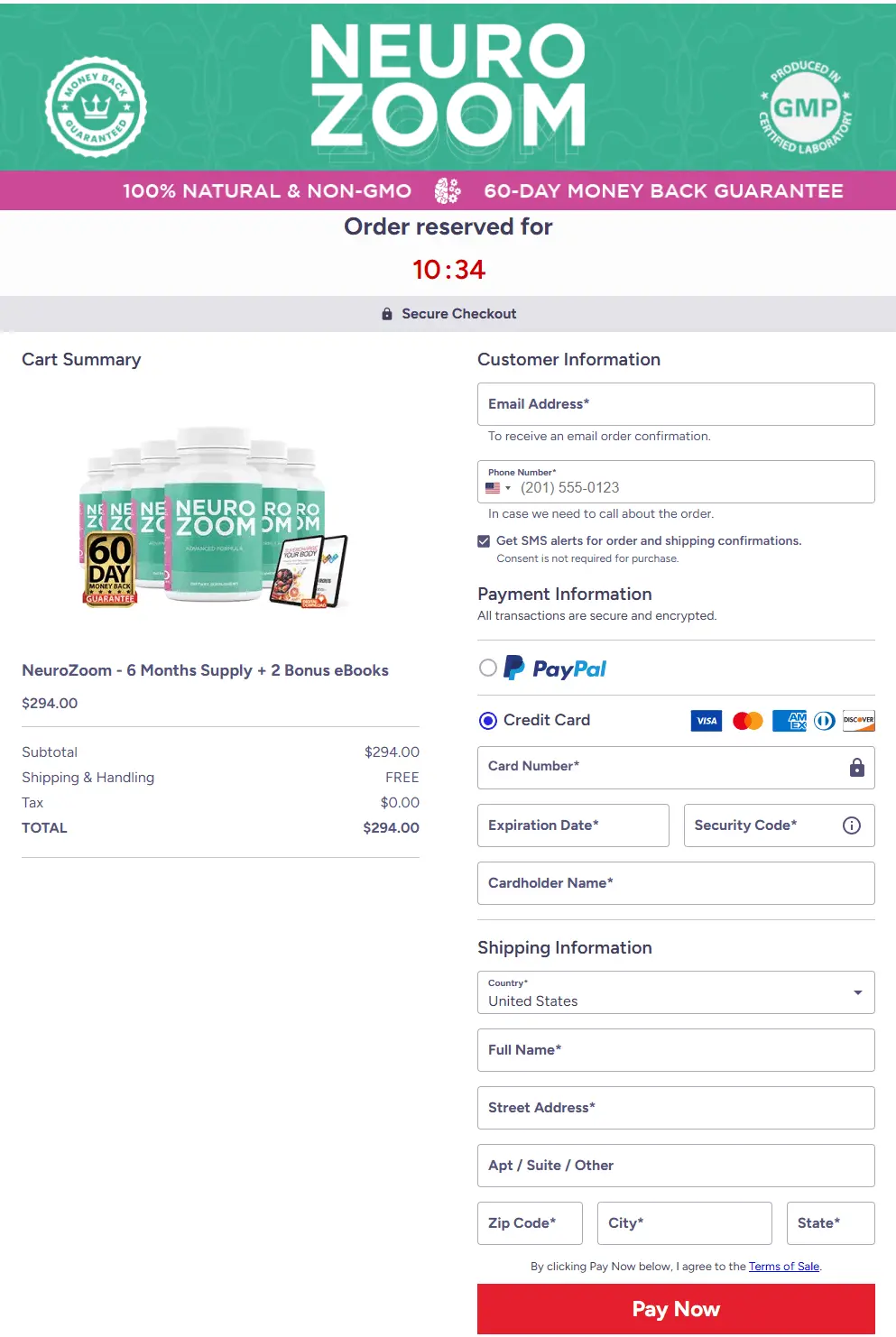 Secure NeuroZoom checkout page for placing your order